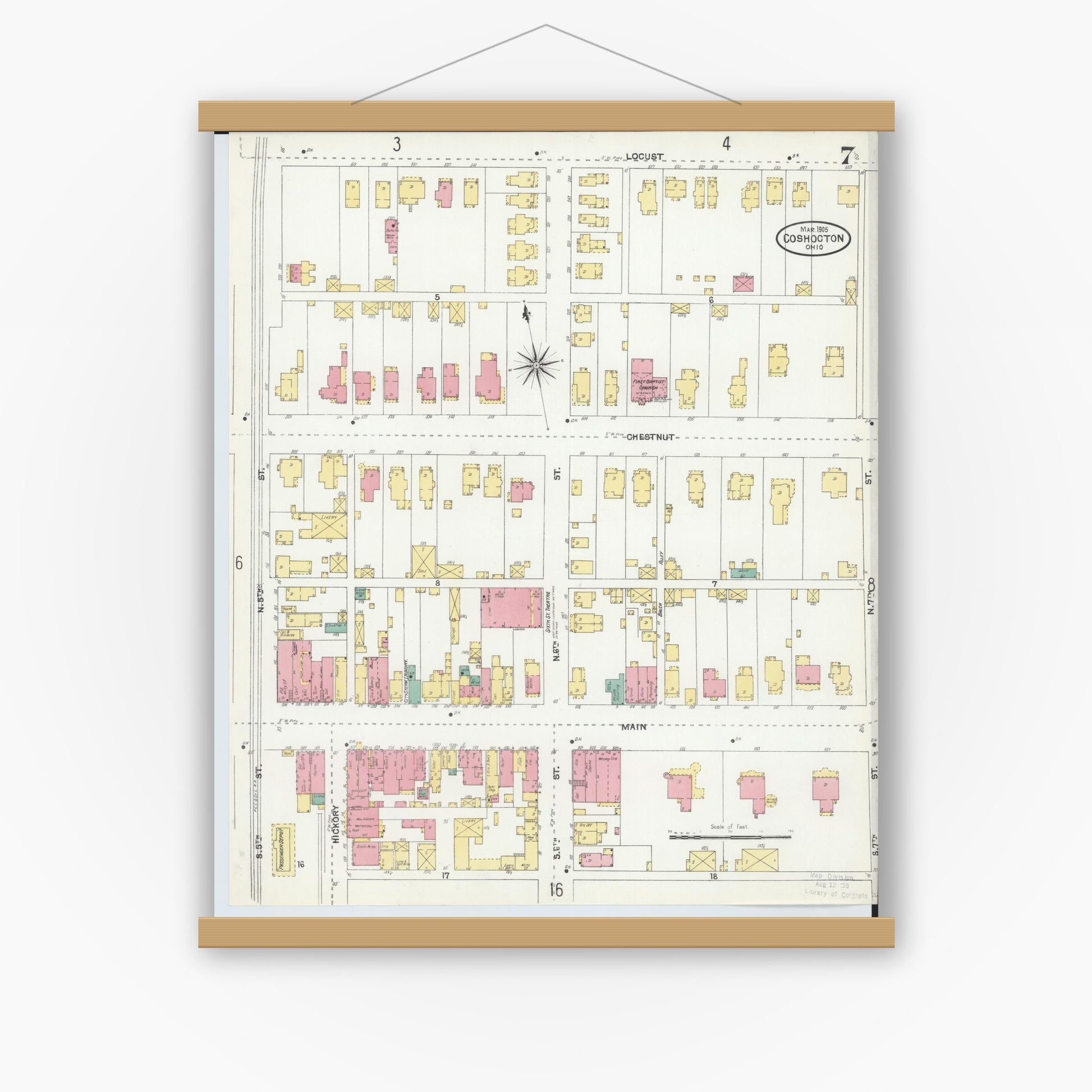 Old map wall art mockup — magnetic wood frame on white wall — Sanborn Fire Insurance Map from Coshocton, Coshocton County, Ohio (1905), Sheet #0007