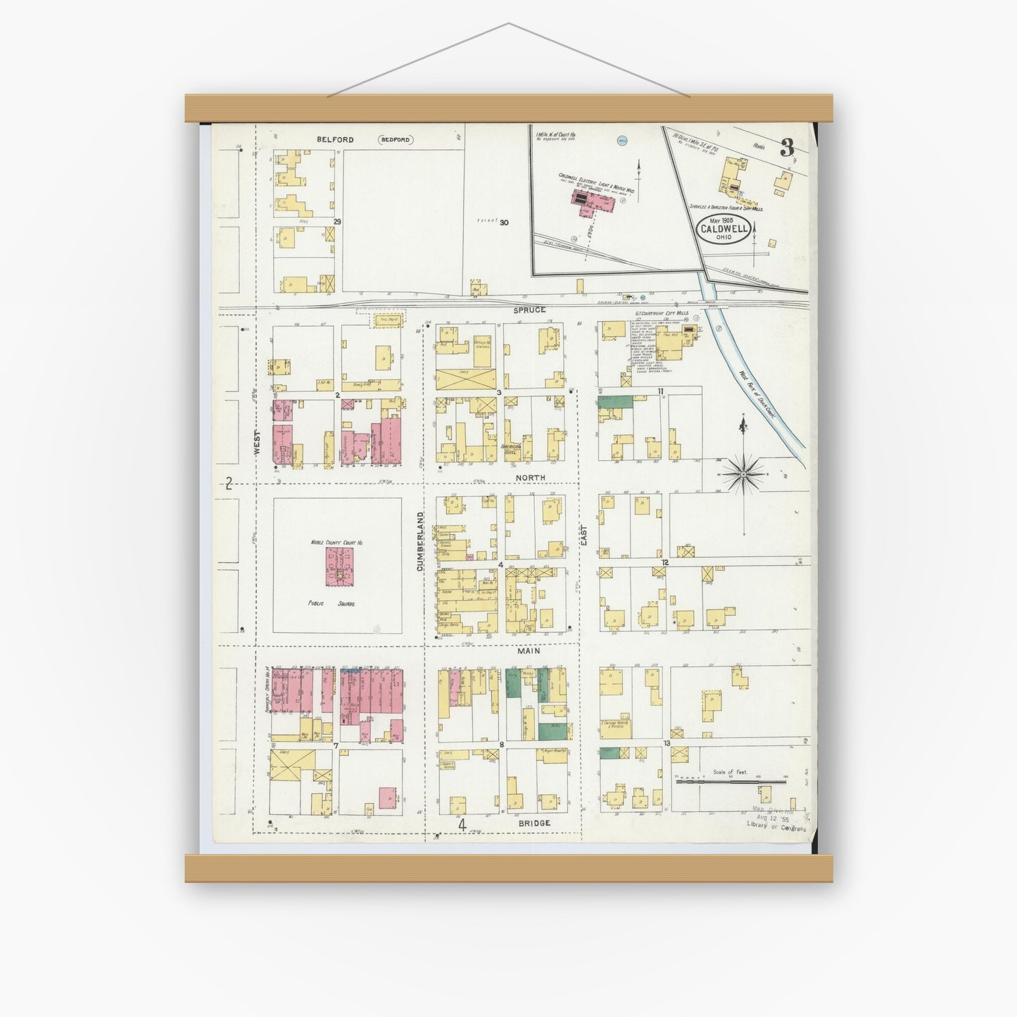 Old map wall art mockup — magnetic wood frame on white wall — Sanborn Fire Insurance Map from Caldwell, Noble County, Ohio (1905), Sheet #0003