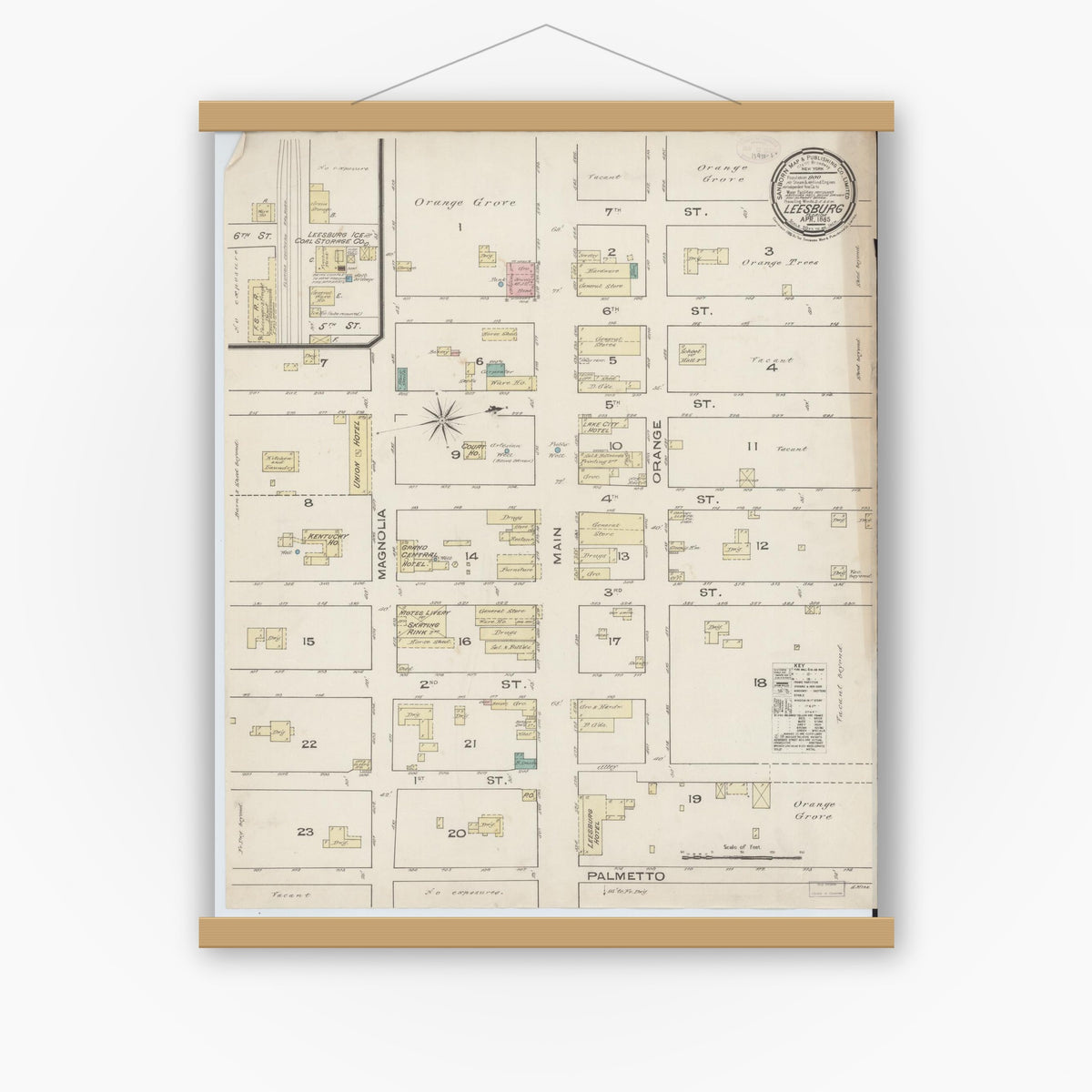 Old map wall art mockup — magnetic wood frame on white wall — Sanborn Fire Insurance Map from Leesburg, Lake County, Florida (1885), Sheet #0001