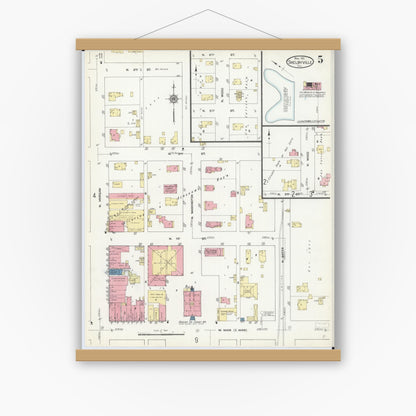 Old map wall art mockup — magnetic wood frame on white wall — Sanborn Fire Insurance Map from Shelbyville, Shelby County, Illinois (1911), Sheet #0005