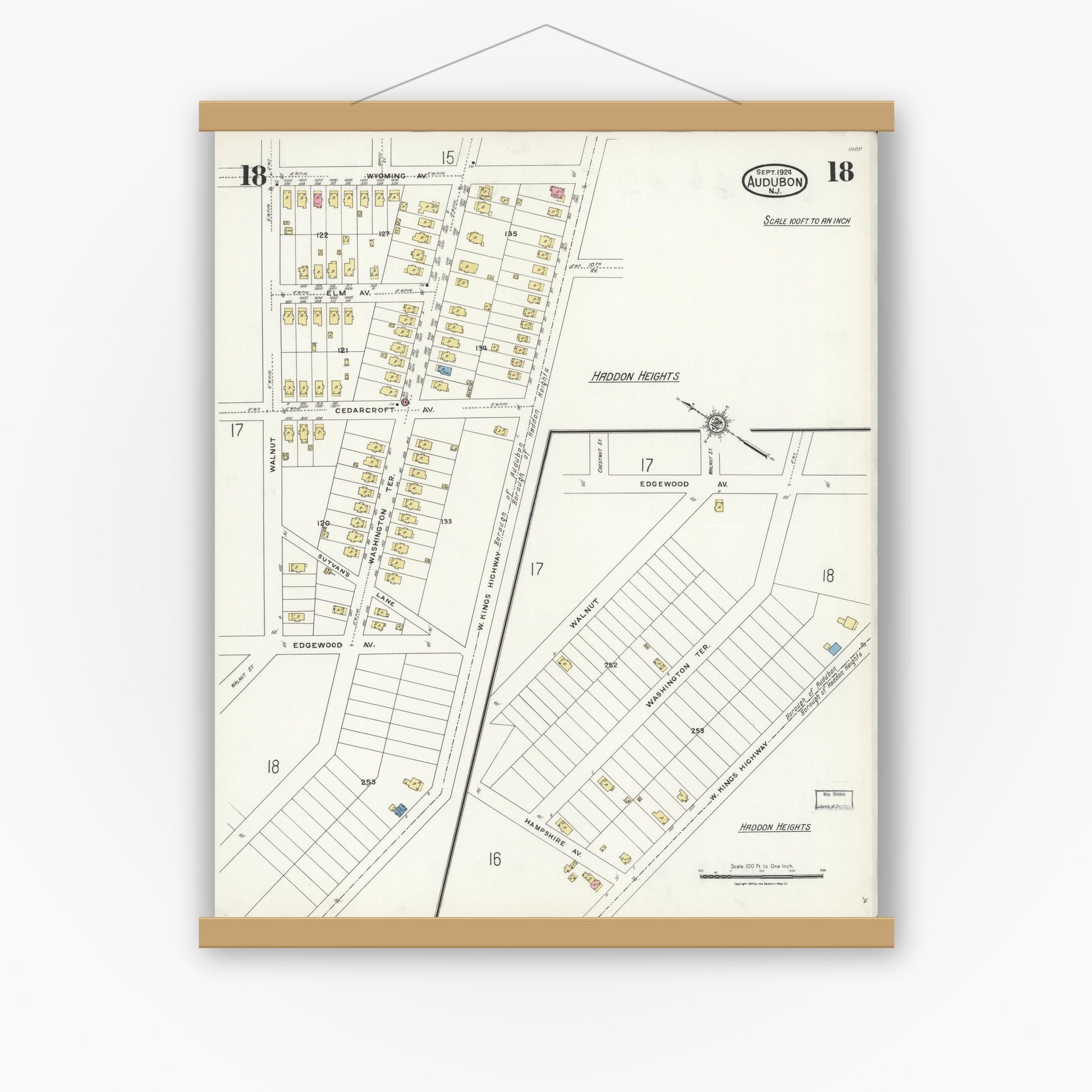 Old map wall art mockup — magnetic wood frame on white wall — Sanborn Fire Insurance Map from Audubon, Camden County, New Jersey (1924), Sheet #0018