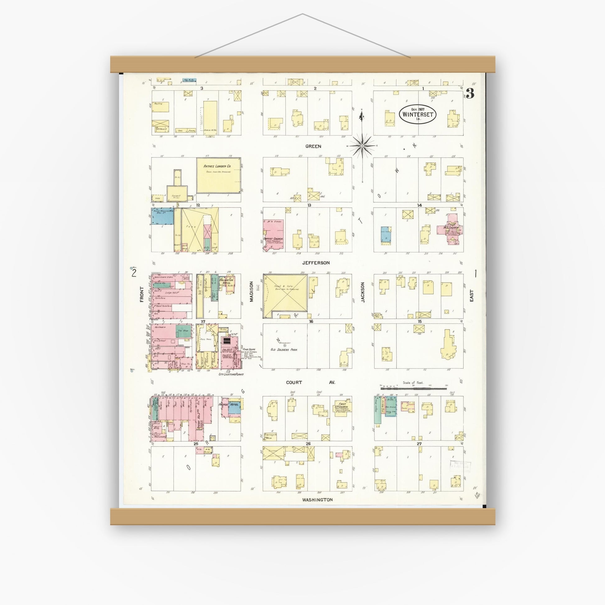 Old map wall art mockup — magnetic wood frame on white wall — Sanborn Fire Insurance Map from Winterset, Madison County, Iowa (1907), Sheet #0003