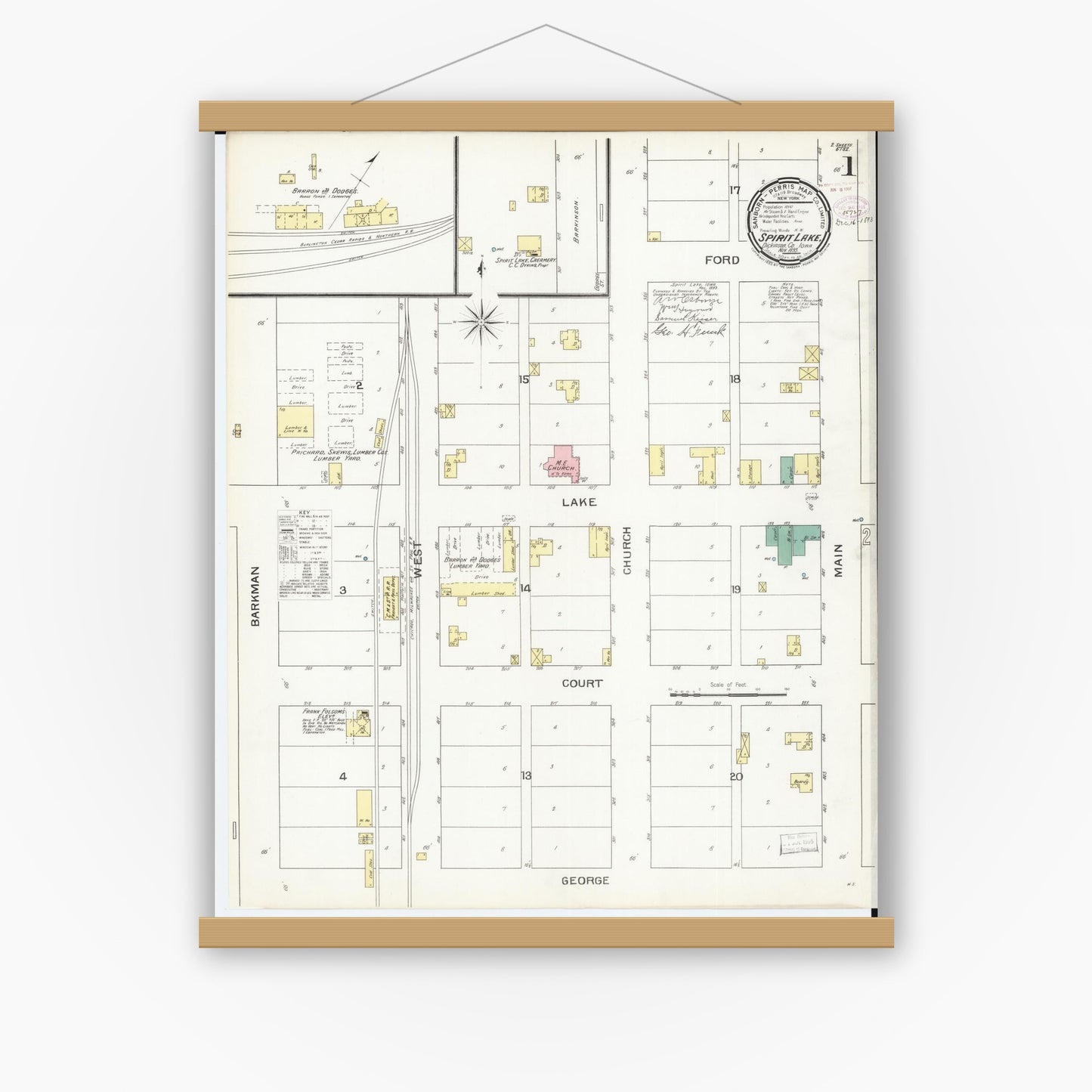 Old map wall art mockup — magnetic wood frame on white wall — Sanborn Fire Insurance Map from Spirit Lake, Dickinson County, Iowa (1893), Sheet #0001