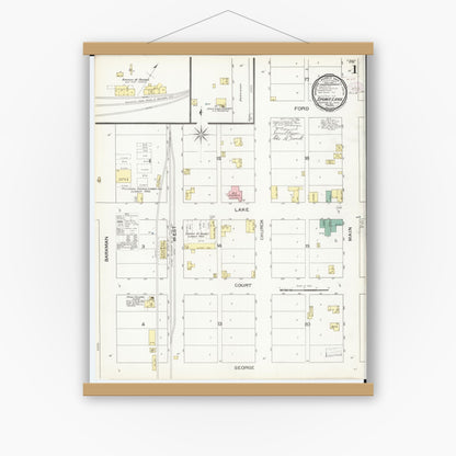 Old map wall art mockup — magnetic wood frame on white wall — Sanborn Fire Insurance Map from Spirit Lake, Dickinson County, Iowa (1893), Sheet #0001