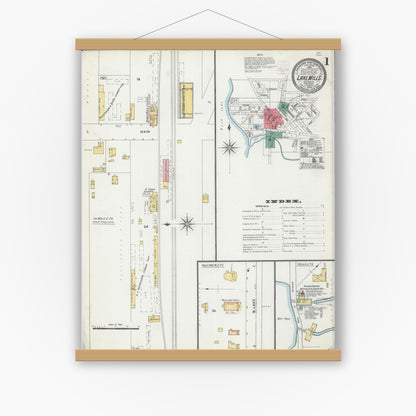 Old map wall art mockup — magnetic wood frame on white wall — Sanborn Fire Insurance Map from Lake Mills, Jefferson County, Wisconsin (1903) - Complete Map Set