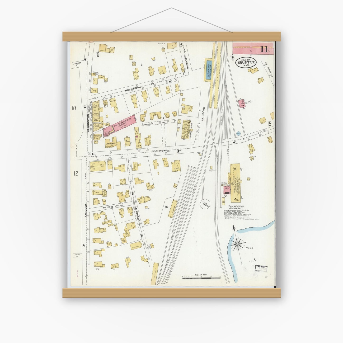 Old map wall art mockup — magnetic wood frame on white wall — Sanborn Fire Insurance Map from Braintree, Norfolk County, Massachusetts (1906), Sheet #0011
