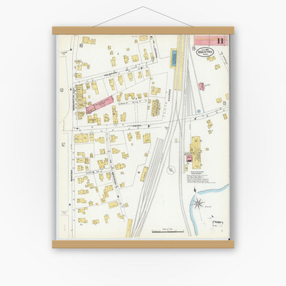 Old map wall art mockup — magnetic wood frame on white wall — Sanborn Fire Insurance Map from Braintree, Norfolk County, Massachusetts (1906), Sheet #0011