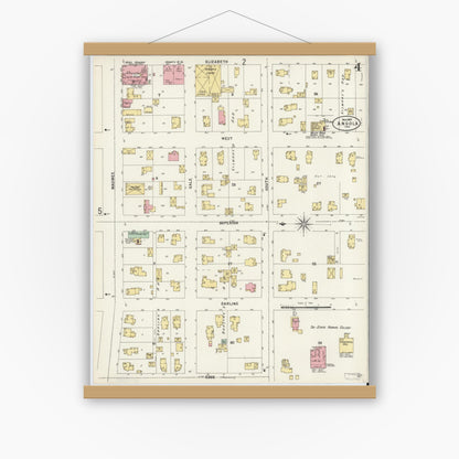 Old map wall art mockup — magnetic wood frame on white wall — Sanborn Fire Insurance Map from Angola, Steuben County, Indiana (1897), Sheet #0004