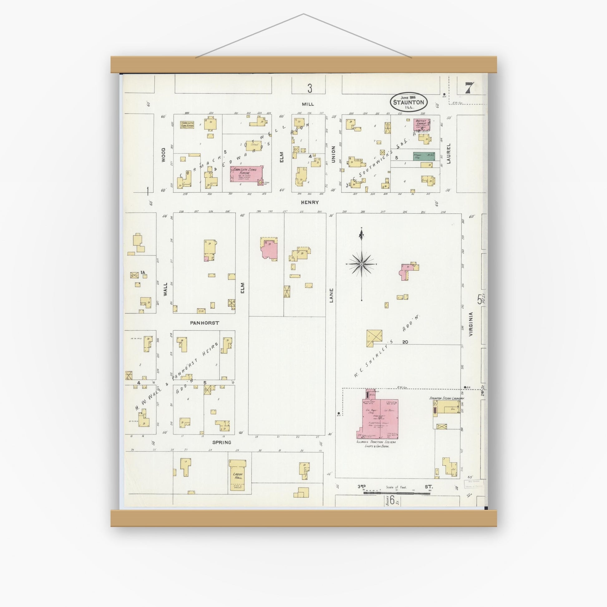 Old map wall art mockup — magnetic wood frame on white wall — Sanborn Fire Insurance Map from Staunton, Macoupin County, Illinois (1906), Sheet #0007