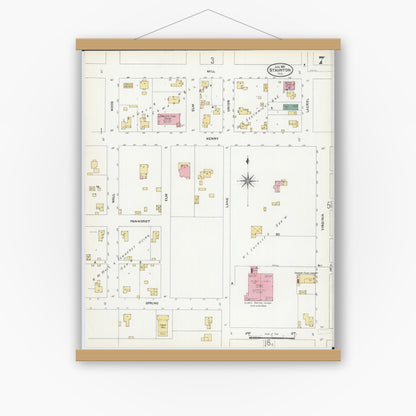 Old map wall art mockup — magnetic wood frame on white wall — Sanborn Fire Insurance Map from Staunton, Macoupin County, Illinois (1906), Sheet #0007