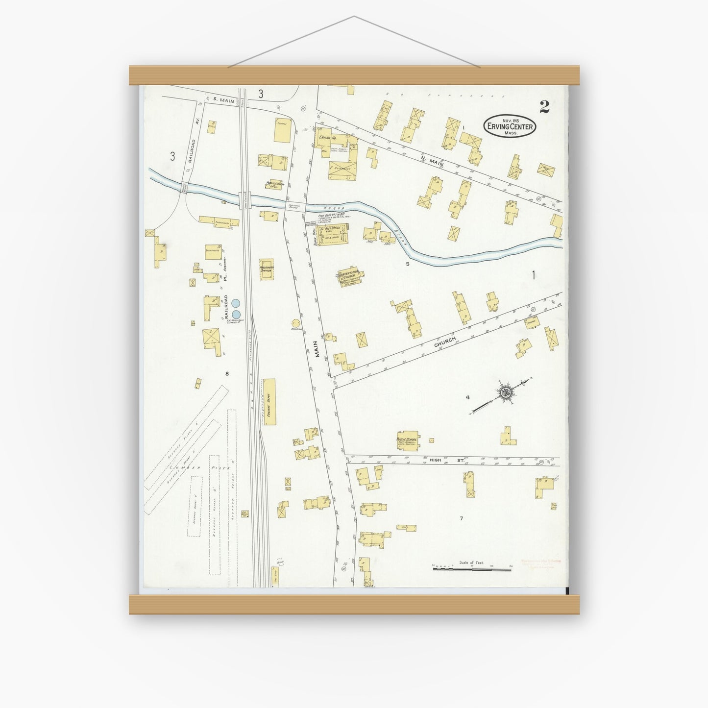 Old map wall art mockup — magnetic wood frame on white wall — Sanborn Fire Insurance Map from Erving Center, Franklin County, Massachusetts (1915), Sheet #0002