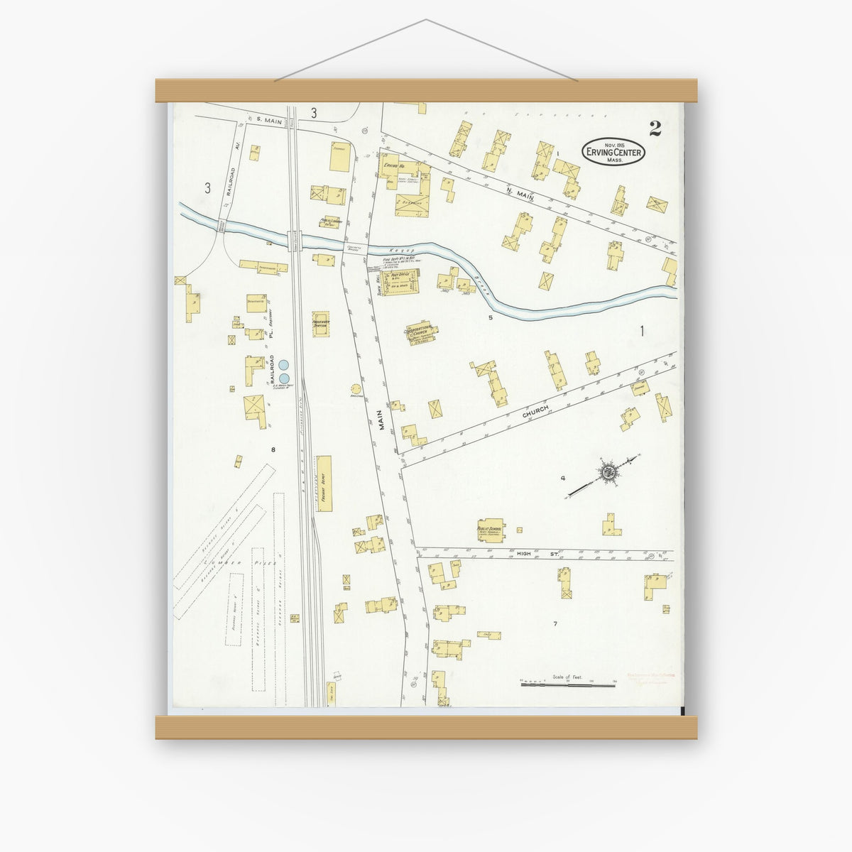 Old map wall art mockup — magnetic wood frame on white wall — Sanborn Fire Insurance Map from Erving Center, Franklin County, Massachusetts (1915), Sheet #0002