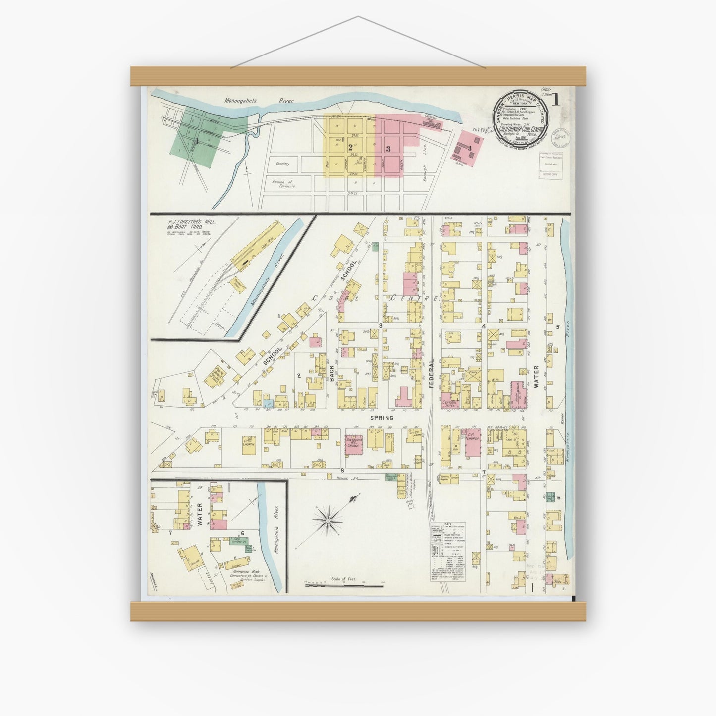 Old map wall art mockup — magnetic wood frame on white wall — Sanborn Fire Insurance Map from California, Washington County, Pennsylvania (1896) - Complete Map Set