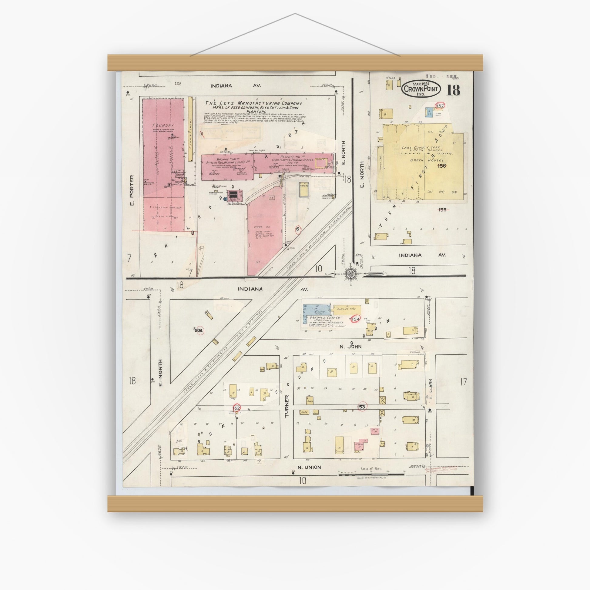 Old map wall art mockup — magnetic wood frame on white wall — Sanborn Fire Insurance Map from Crown Point, Lake County, Indiana (1948), Sheet #0018