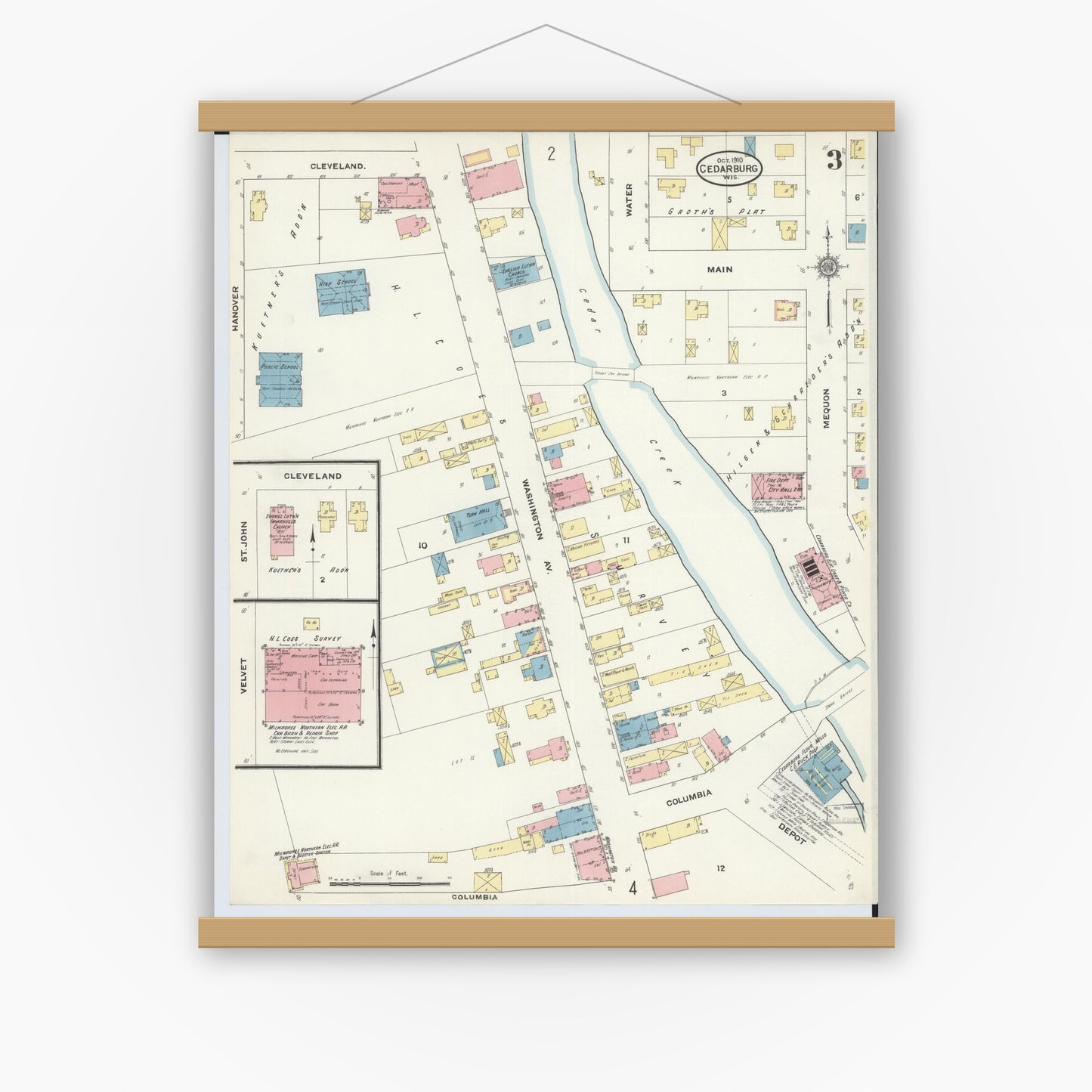 Old map wall art mockup — magnetic wood frame on white wall — Sanborn Fire Insurance Map from Cedarburg, Ozaukee County, Wisconsin (1910), Sheet #0003