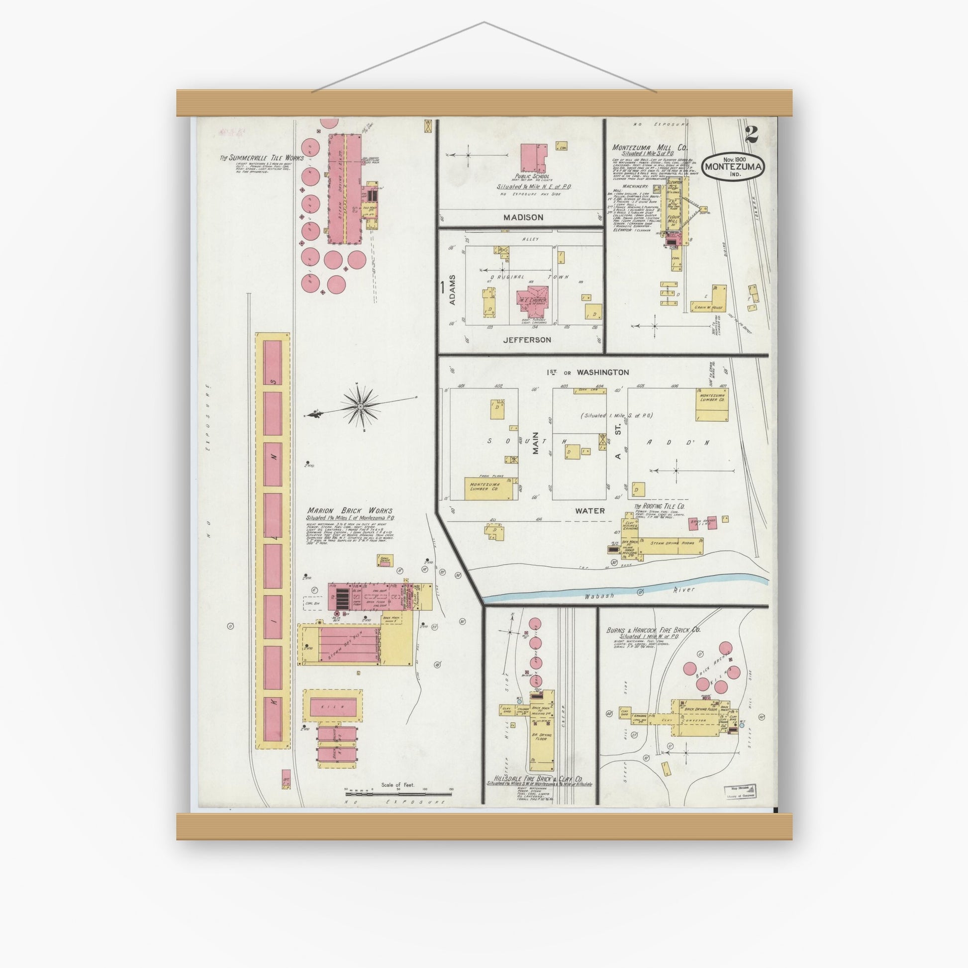 Old map wall art mockup — magnetic wood frame on white wall — Sanborn Fire Insurance Map from Montezuma, Parke County, Indiana (1900), Sheet #0002