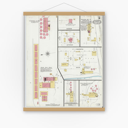 Old map wall art mockup — magnetic wood frame on white wall — Sanborn Fire Insurance Map from Montezuma, Parke County, Indiana (1900), Sheet #0002