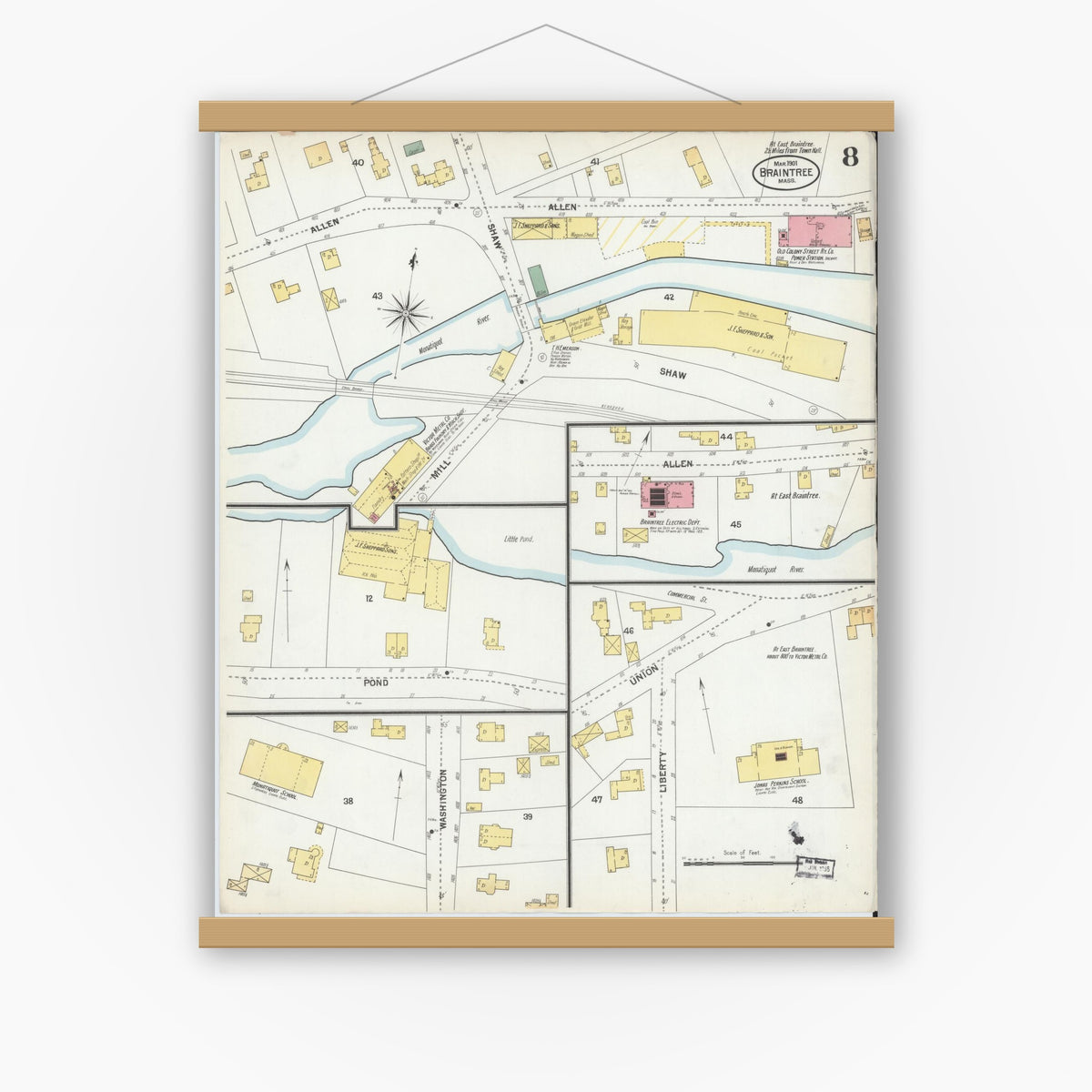 Old map wall art mockup — magnetic wood frame on white wall — Sanborn Fire Insurance Map from Braintree, Norfolk County, Massachusetts (1901), Sheet #0008