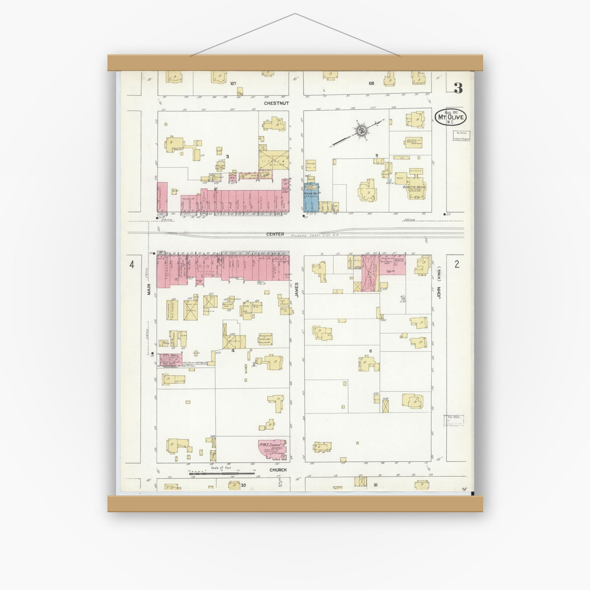 Old map wall art mockup — magnetic wood frame on white wall — Sanborn Fire Insurance Map from Mount Olive, Wayne County, North Carolina (1912), Sheet #0003