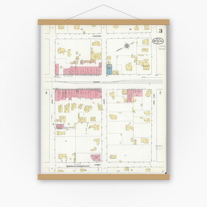 Old map wall art mockup — magnetic wood frame on white wall — Sanborn Fire Insurance Map from Mount Olive, Wayne County, North Carolina (1912), Sheet #0003