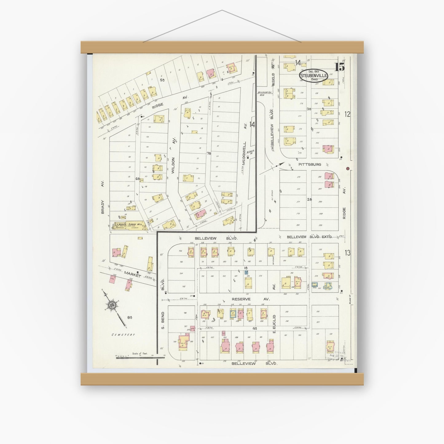 Old map wall art mockup — magnetic wood frame on white wall — Sanborn Fire Insurance Map from Steubenville, Jefferson County, Ohio (1913), Sheet #0015