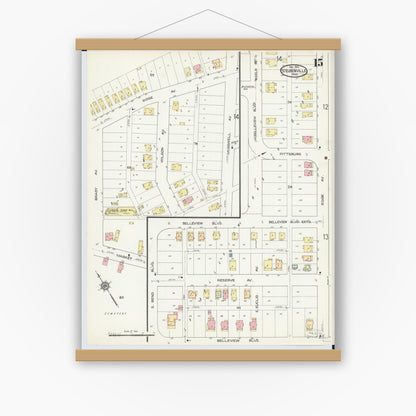 Old map wall art mockup — magnetic wood frame on white wall — Sanborn Fire Insurance Map from Steubenville, Jefferson County, Ohio (1913), Sheet #0015