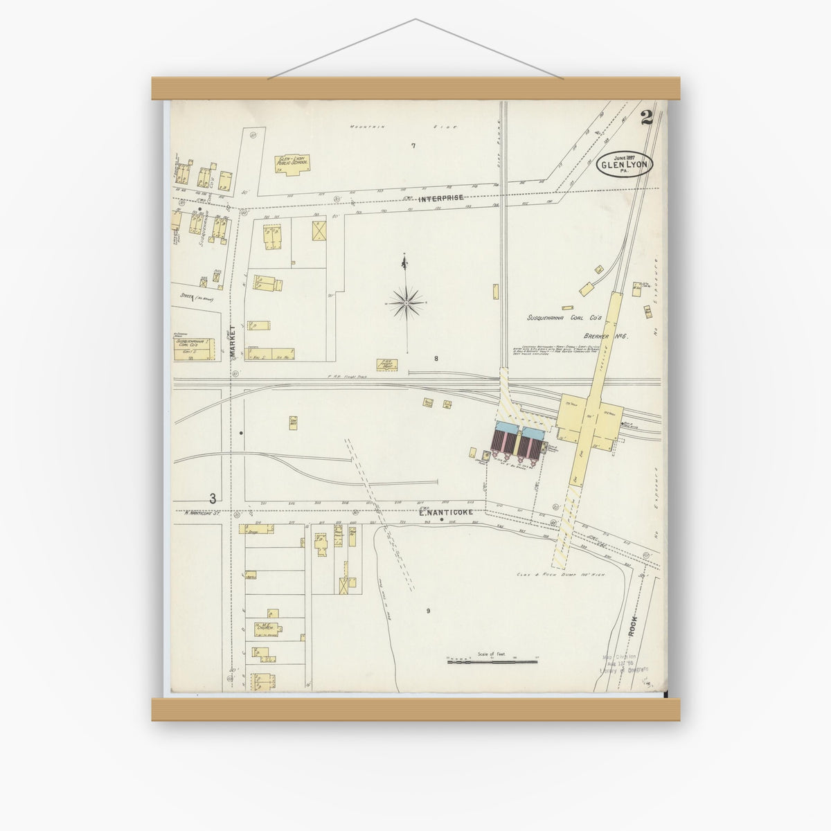 Old map wall art mockup — magnetic wood frame on white wall — Sanborn Fire Insurance Map from Glen Lyon, Luzerne County, Pennsylvania (1897), Sheet #0002