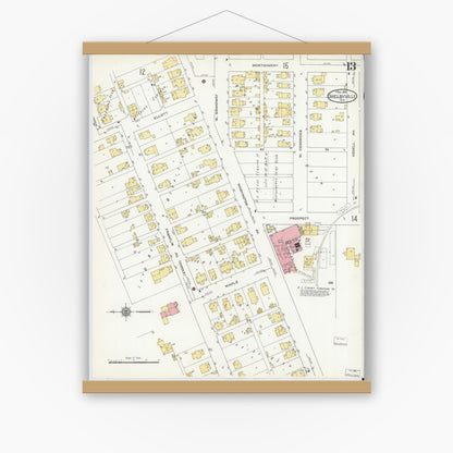 Old map wall art mockup — magnetic wood frame on white wall — Sanborn Fire Insurance Map from Shelbyville, Shelby County, Indiana (1910), Sheet #0013