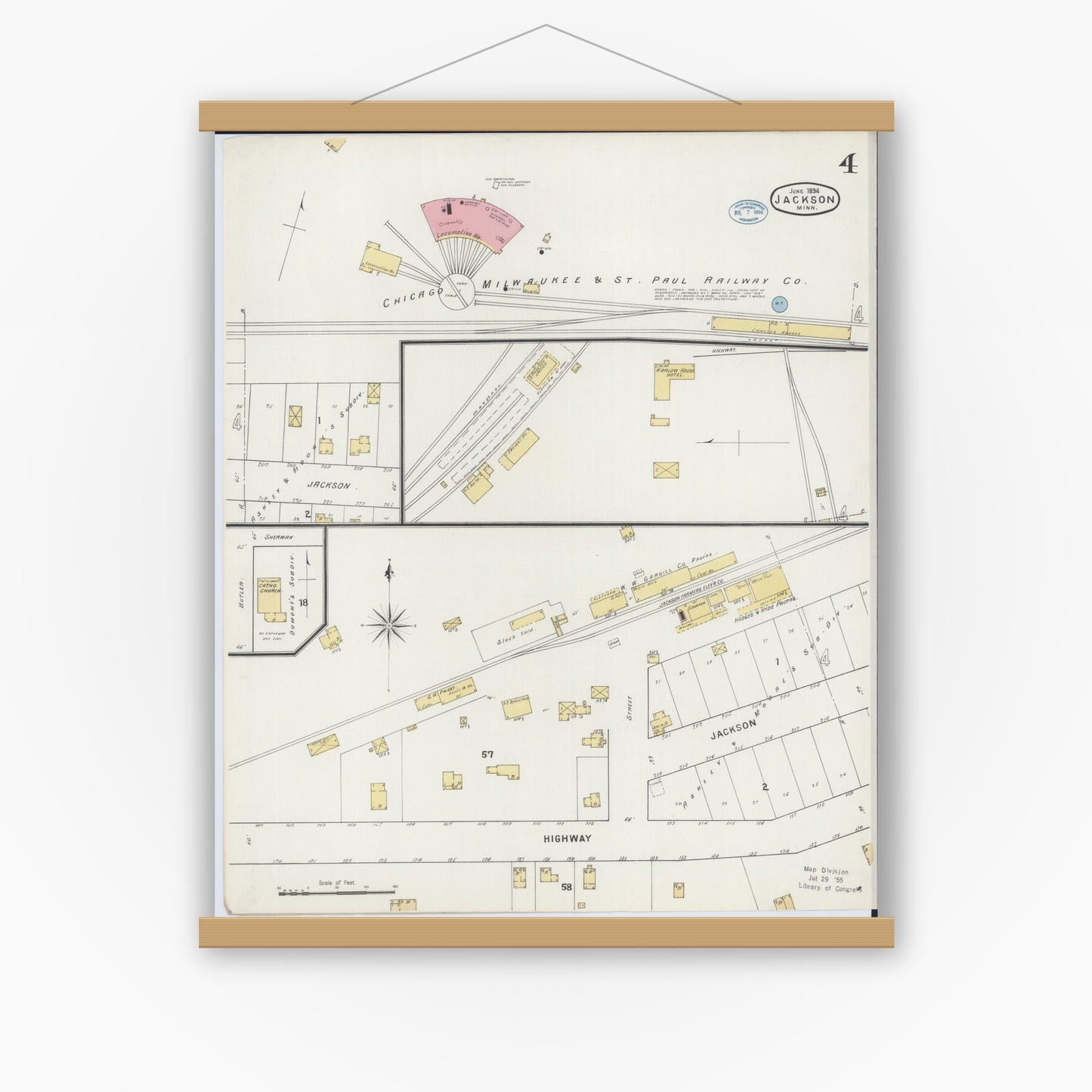 Old map wall art mockup — magnetic wood frame on white wall — Sanborn Fire Insurance Map from Jackson, Jackson County, Minnesota (1894), Sheet #0004