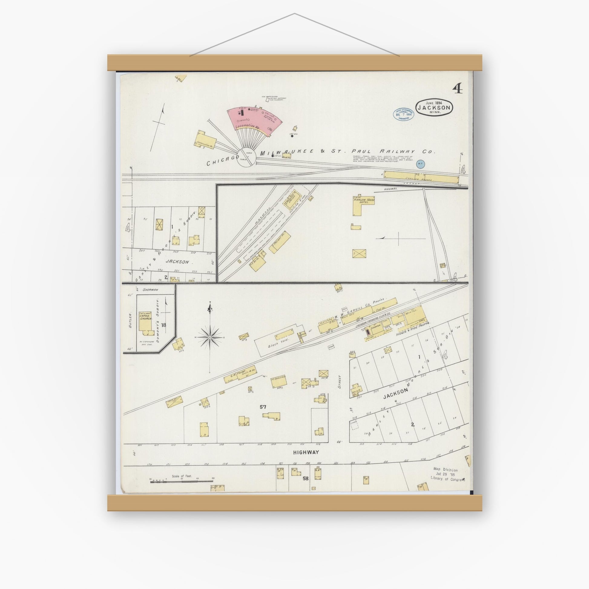 Old map wall art mockup — magnetic wood frame on white wall — Sanborn Fire Insurance Map from Jackson, Jackson County, Minnesota (1894), Sheet #0004