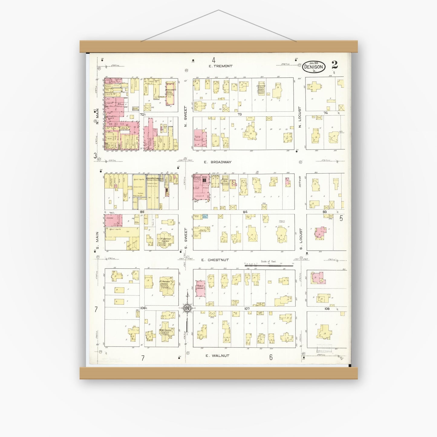Old map wall art mockup — magnetic wood frame on white wall — Sanborn Fire Insurance Map from Denison, Crawford County, Iowa (1913), Sheet #0002