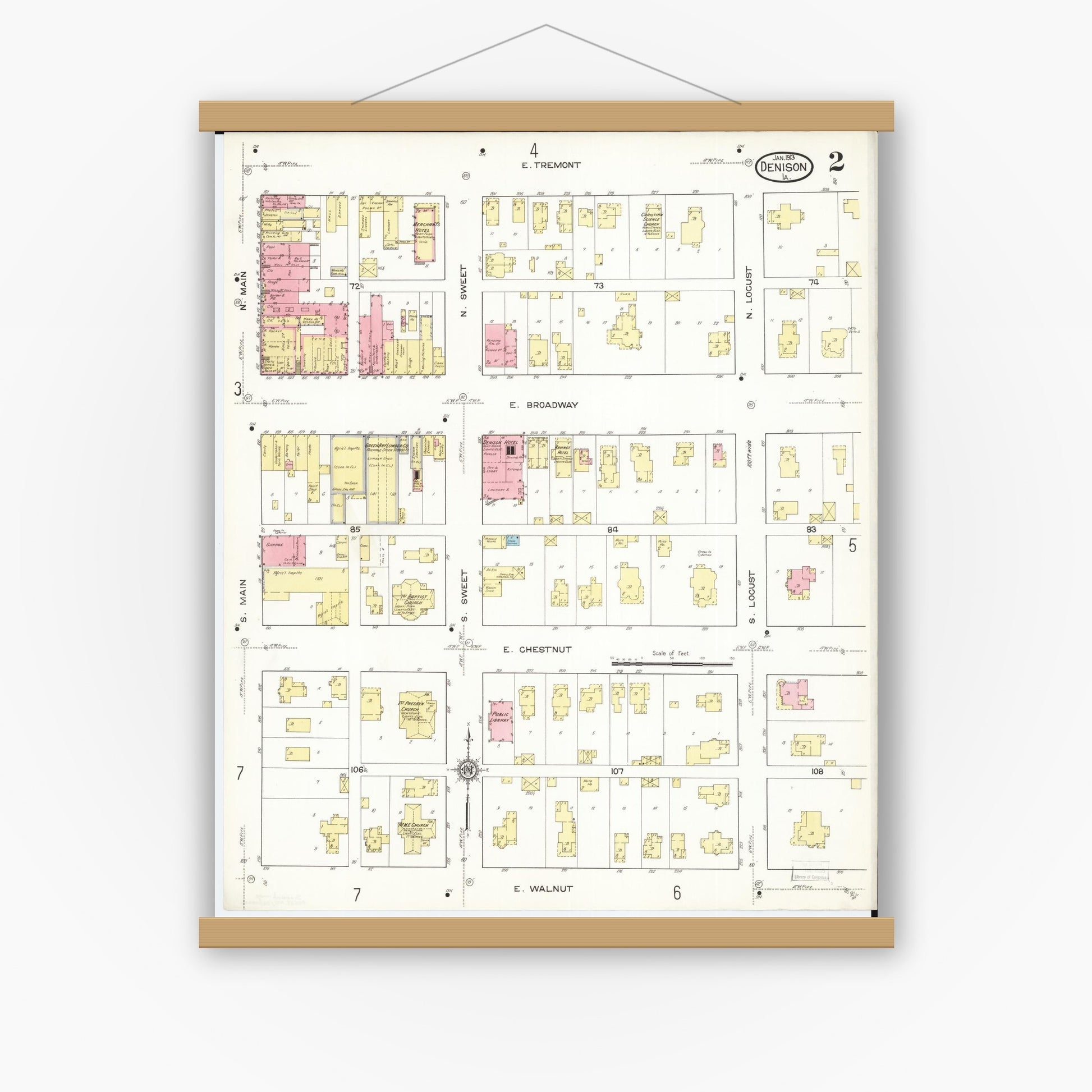 Old map wall art mockup — magnetic wood frame on white wall — Sanborn Fire Insurance Map from Denison, Crawford County, Iowa (1913), Sheet #0002