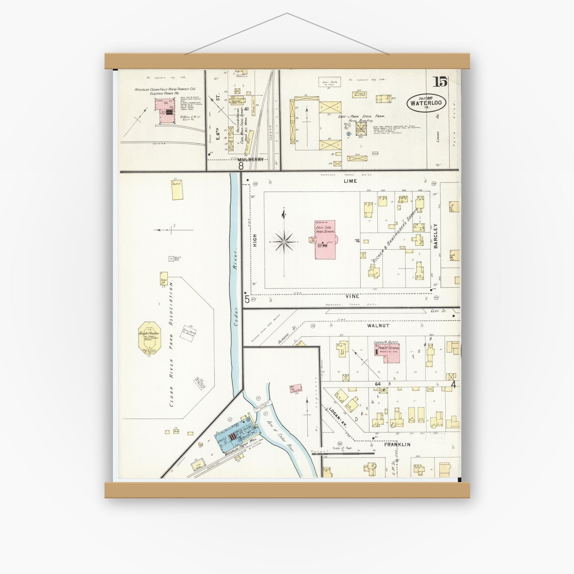 Old map wall art mockup — magnetic wood frame on white wall — Sanborn Fire Insurance Map from Waterloo, Black Hawk County, Iowa (1897), Sheet #0015