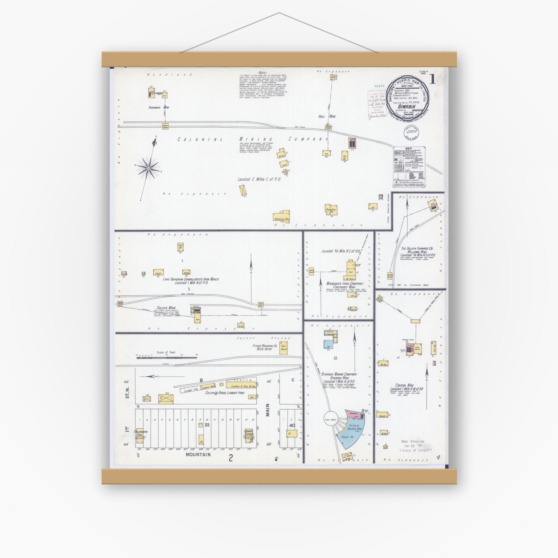 Old map wall art mockup — magnetic wood frame on white wall — Sanborn Fire Insurance Map from Biwabik, Saint Louis County, Minnesota (1900) - Complete Map Set