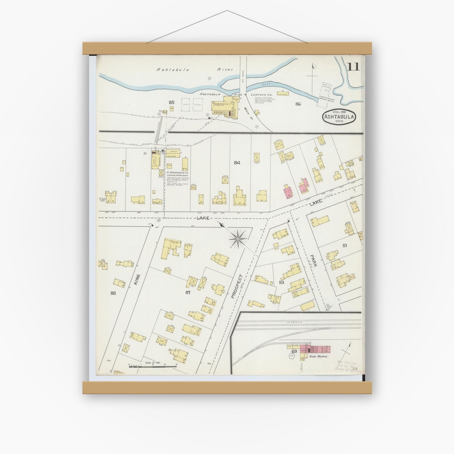 Old map wall art mockup — magnetic wood frame on white wall — Sanborn Fire Insurance Map from Ashtabula, Ashtabula County, Ohio (1893), Sheet #0011