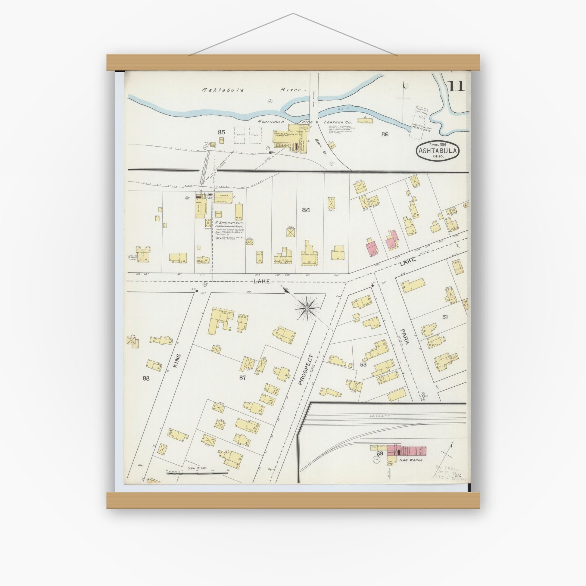 Old map wall art mockup — magnetic wood frame on white wall — Sanborn Fire Insurance Map from Ashtabula, Ashtabula County, Ohio (1893), Sheet #0011