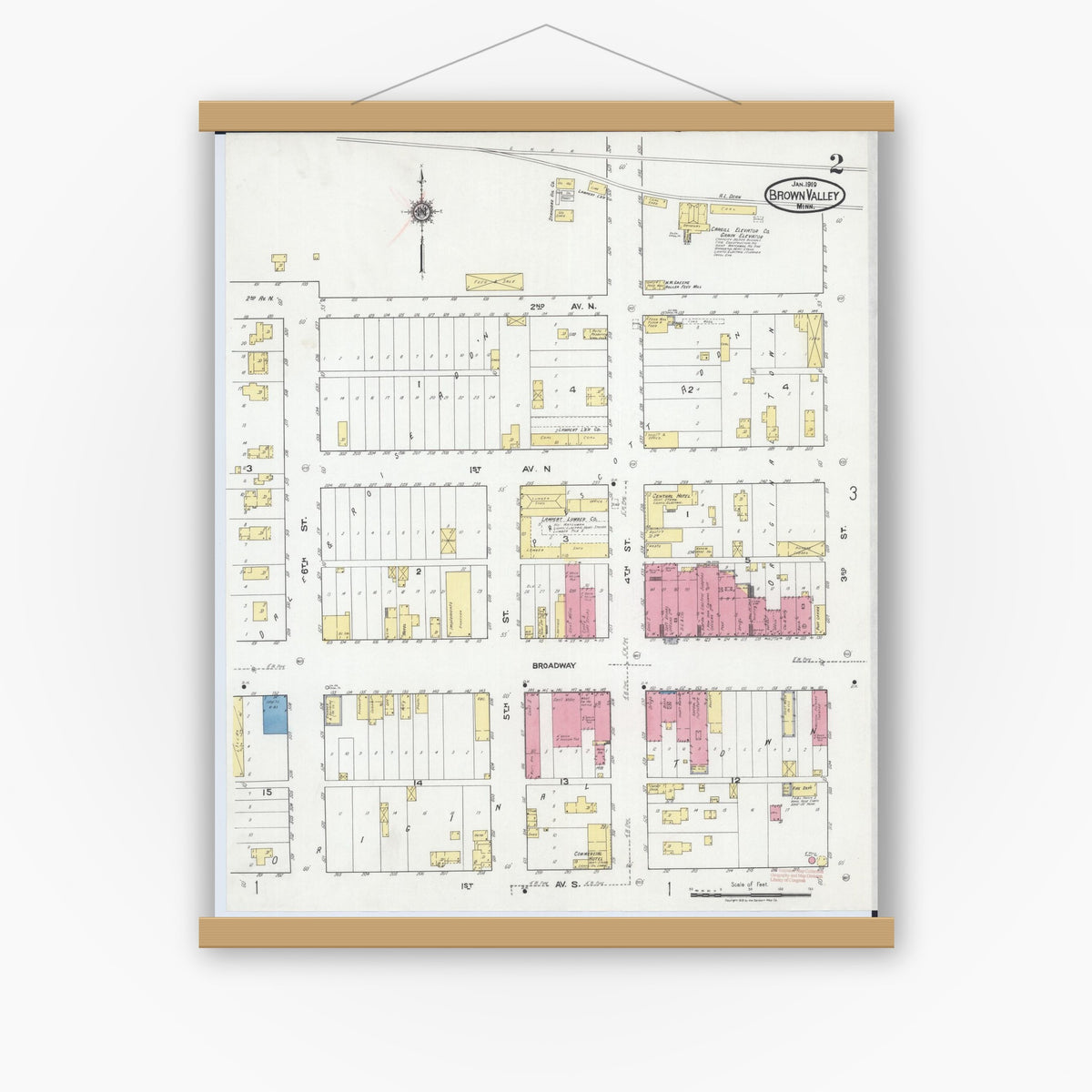 Old map wall art mockup — magnetic wood frame on white wall — Sanborn Fire Insurance Map from Browns Valley, Traverse County, Minnesota (1919), Sheet #0002