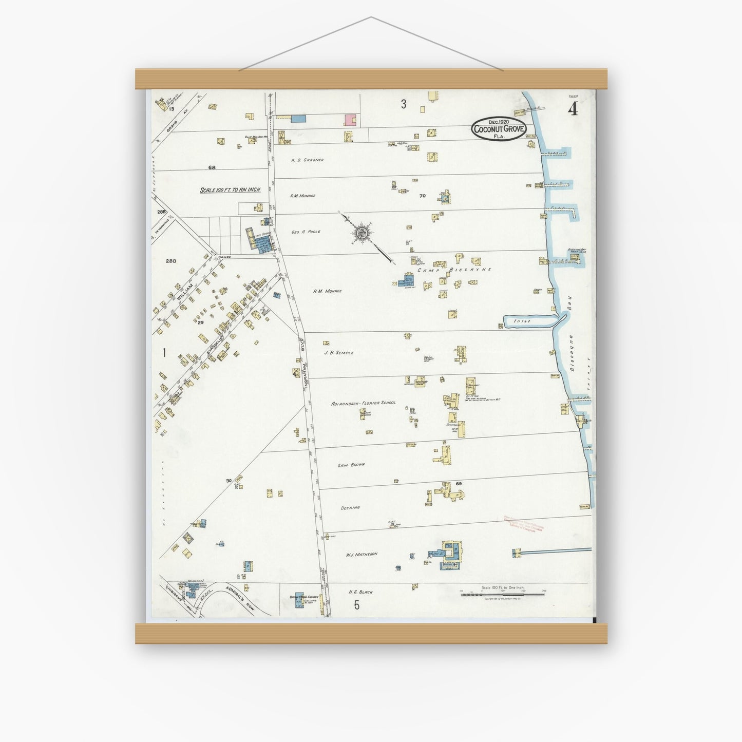 Old map wall art mockup — magnetic wood frame on white wall — Sanborn Fire Insurance Map from Coconut Grove, Dade County, Florida (1920), Sheet #0004