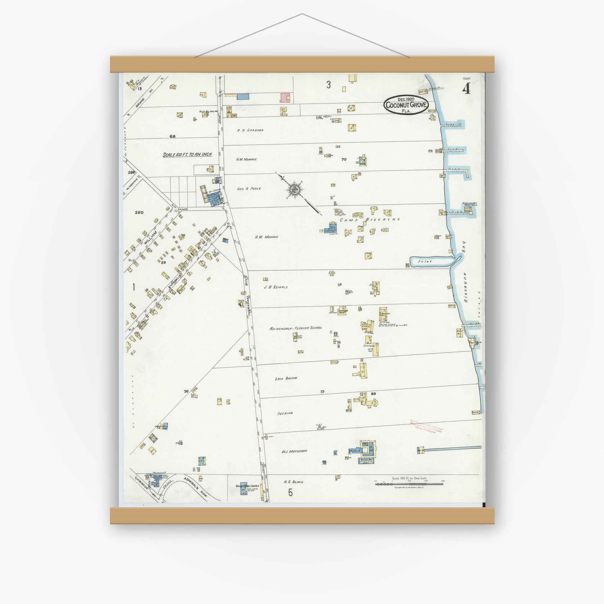 Old map wall art mockup — magnetic wood frame on white wall — Sanborn Fire Insurance Map from Coconut Grove, Dade County, Florida (1920), Sheet #0004