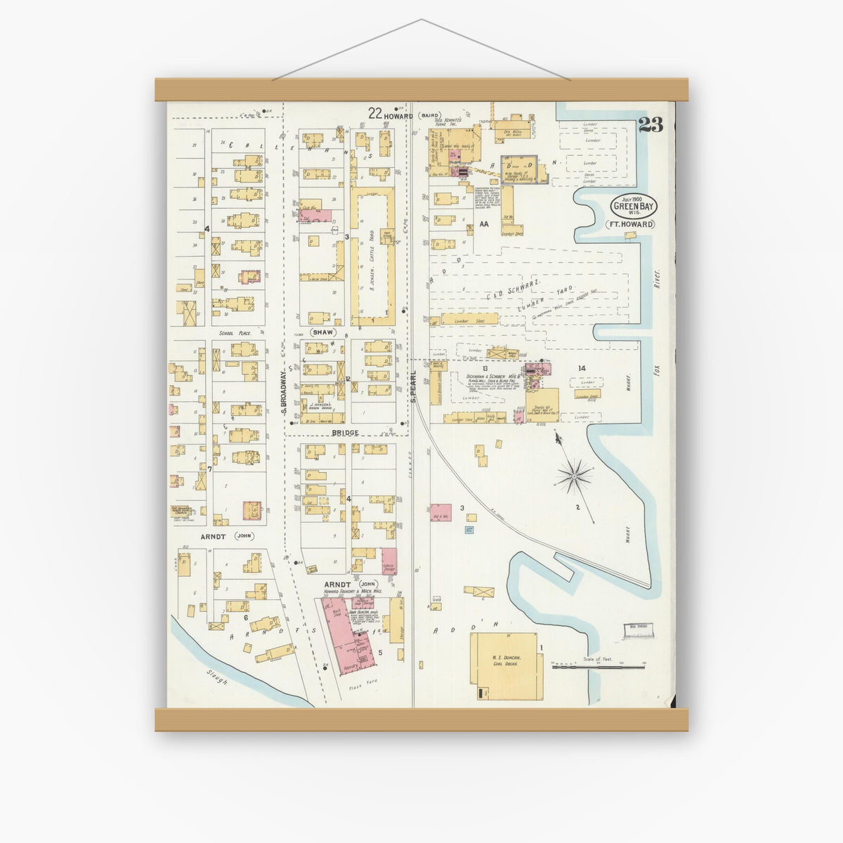 Old map wall art mockup — magnetic wood frame on white wall — Sanborn Fire Insurance Map from Green Bay, Brown County, Wisconsin (1900), Sheet #0023