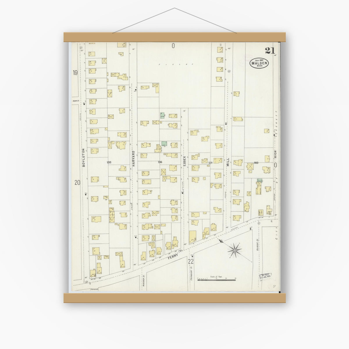 Old map wall art mockup — magnetic wood frame on white wall — Sanborn Fire Insurance Map from Malden, Middlesex County, Massachusetts (1897), Sheet #0021