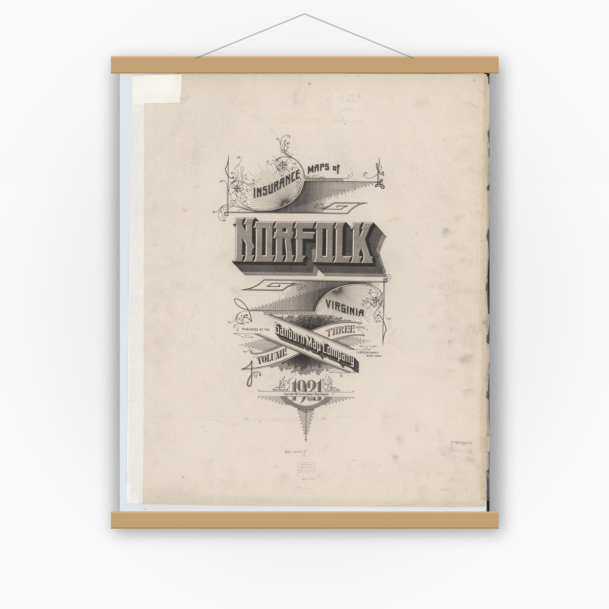 Old map wall art mockup — magnetic wood frame on white wall — Sanborn Fire Insurance Map from Norfolk, Independent Cities, Virginia (1921), Sheet #0001