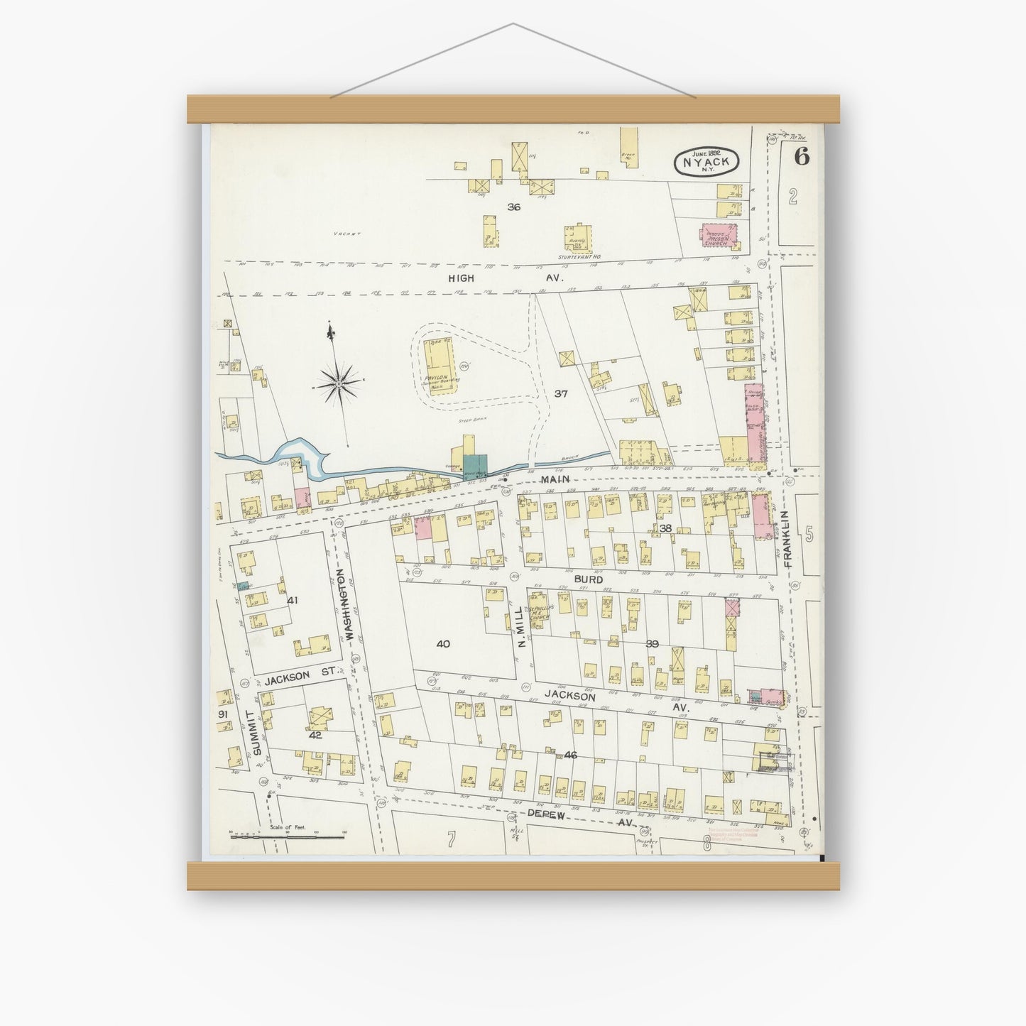 Old map wall art mockup — magnetic wood frame on white wall — Sanborn Fire Insurance Map from Nyack, Rockland County, New York. (1892), Sheet #0006