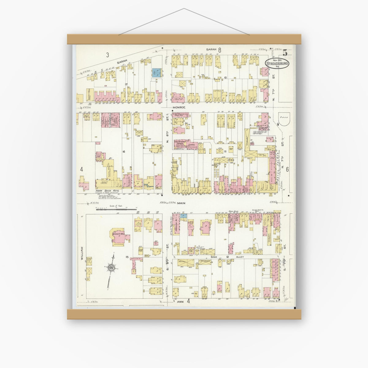 Old map wall art mockup — magnetic wood frame on white wall — Sanborn Fire Insurance Map from Stroudsburg, Monroe County, Pennsylvania (1912), Sheet #0005
