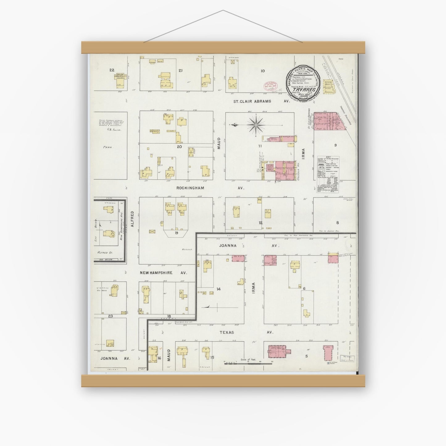 Old map wall art mockup — magnetic wood frame on white wall — Sanborn Fire Insurance Map from Tavares, Lake County, Florida (1895), Sheet #0001