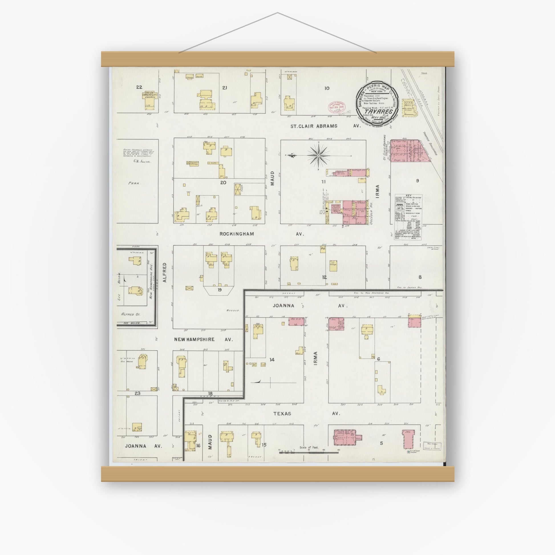 Old map wall art mockup — magnetic wood frame on white wall — Sanborn Fire Insurance Map from Tavares, Lake County, Florida (1895), Sheet #0001