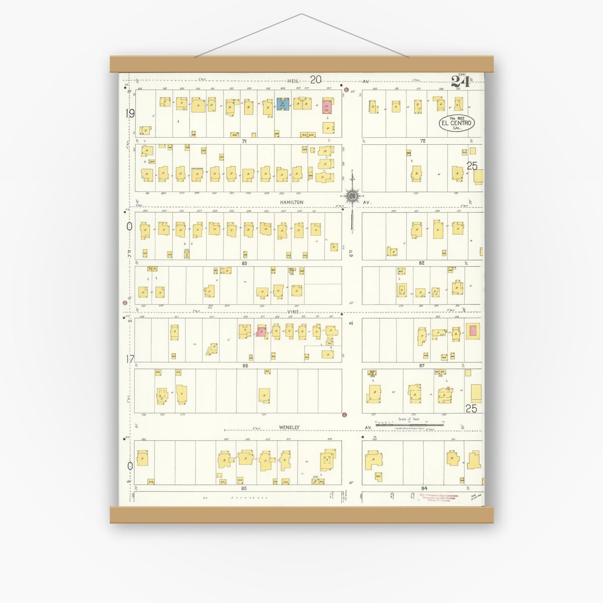 Old map wall art mockup — magnetic wood frame on white wall — Sanborn Fire Insurance Map from El Centro, Imperial County, California (1922), Sheet #0024