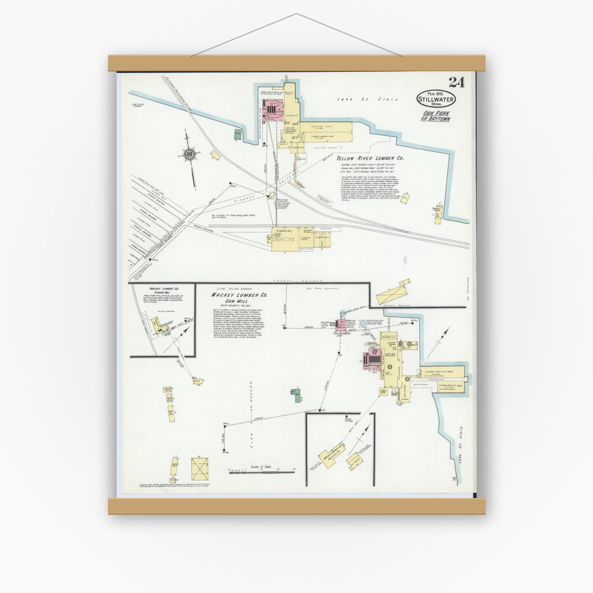 Old map wall art mockup — magnetic wood frame on white wall — Sanborn Fire Insurance Map from Stillwater, Washington County, Minnesota (1910), Sheet #0024