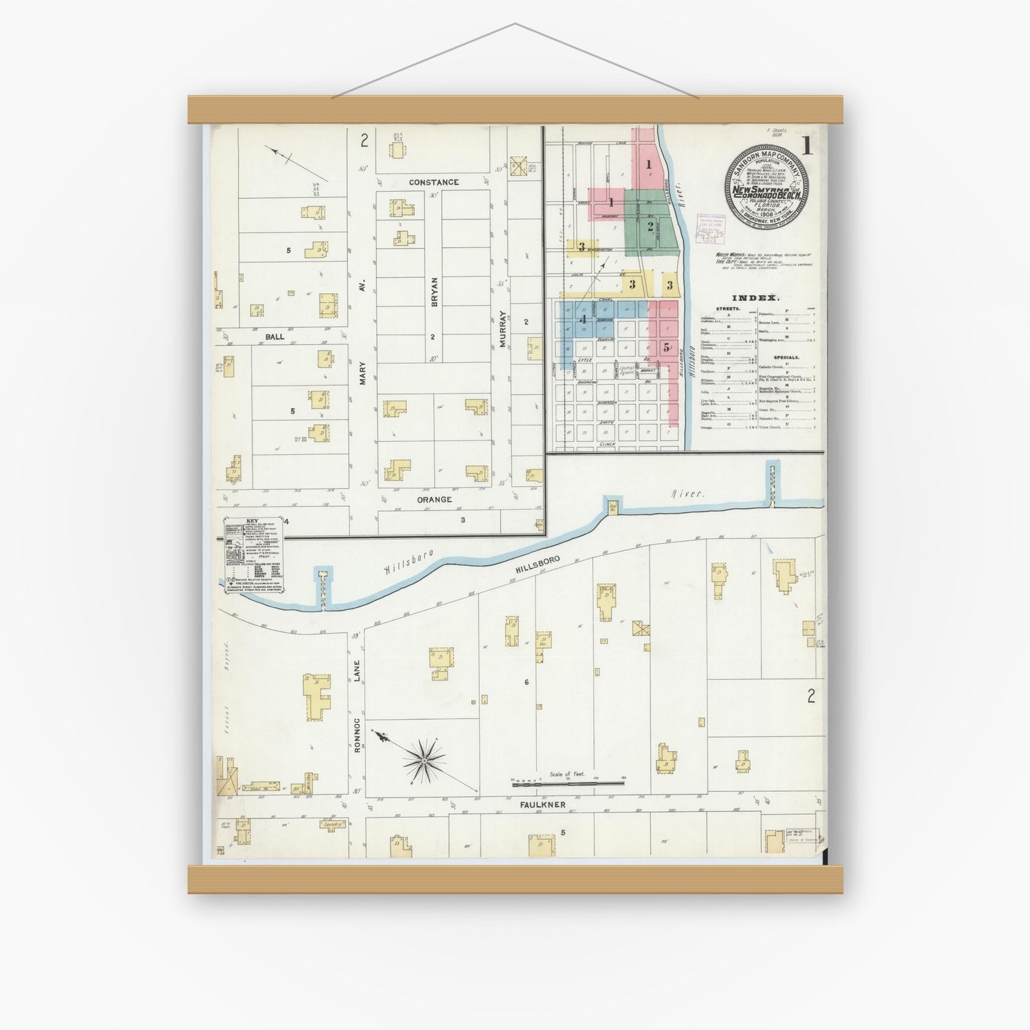 Old map wall art mockup — magnetic wood frame on white wall — Sanborn Fire Insurance Map from New Smyrna, Valusia County, Florida (1906), Sheet #0001
