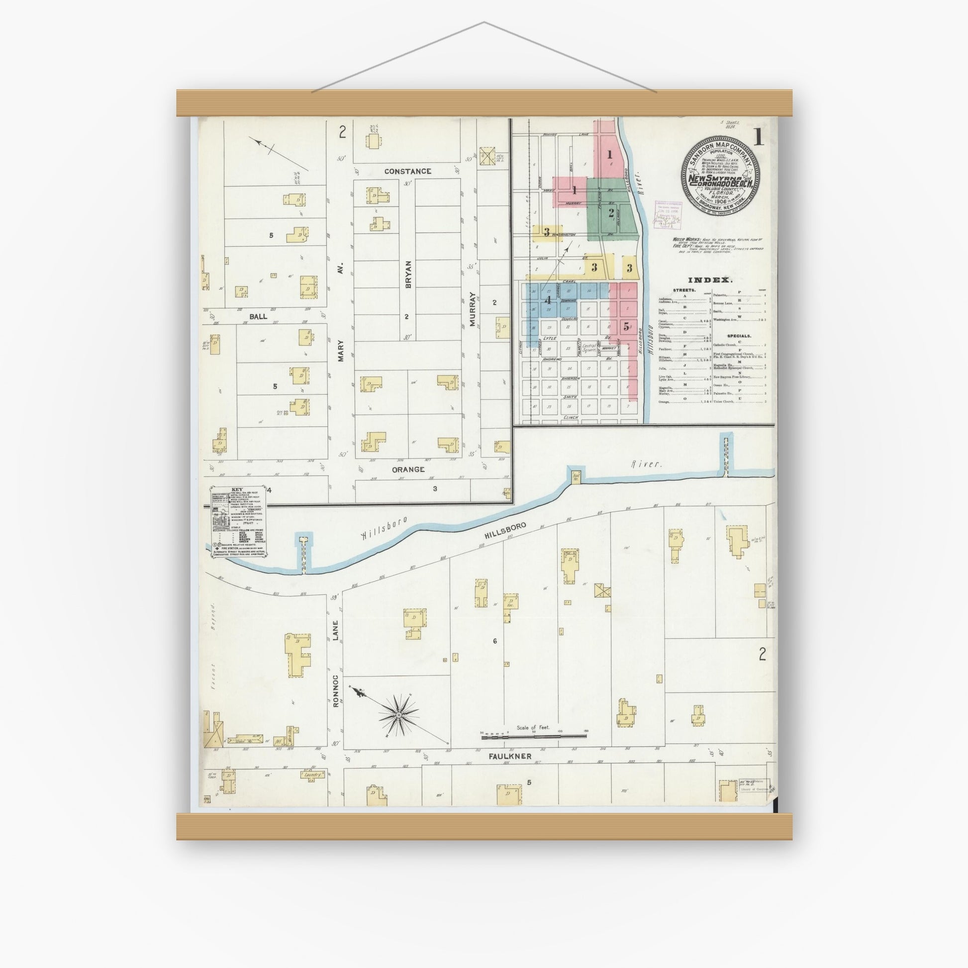 Old map wall art mockup — magnetic wood frame on white wall — Sanborn Fire Insurance Map from New Smyrna, Valusia County, Florida (1906), Sheet #0001